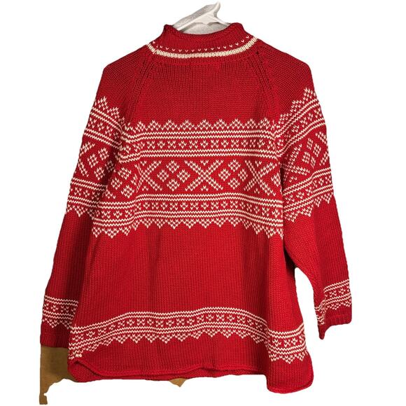 VTG- Eddie Bauer- Women's XL- Nordic Fair Isle Sweater- Red Cotton - Picture 2 of 5